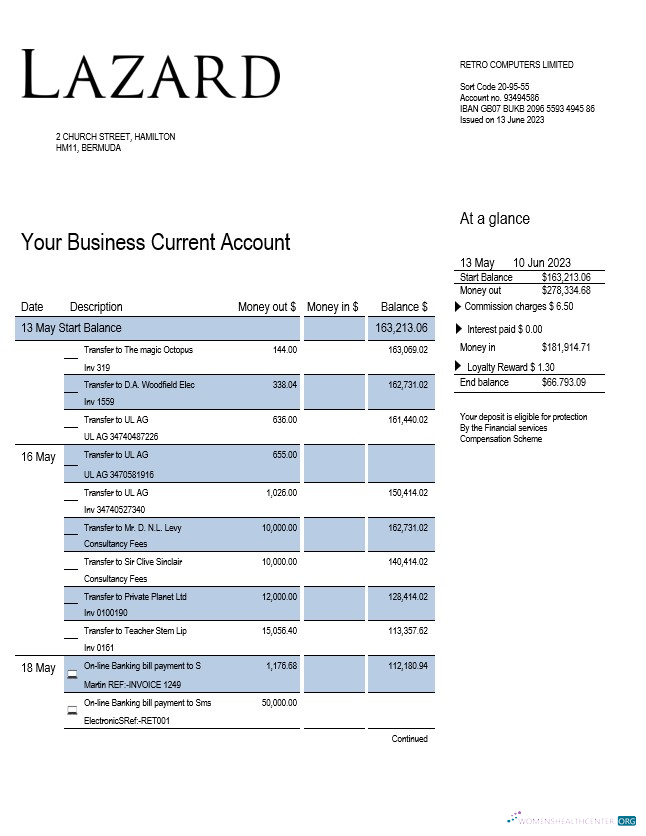 Download Lazard Bank business statement Word and PDF template Photoshop template